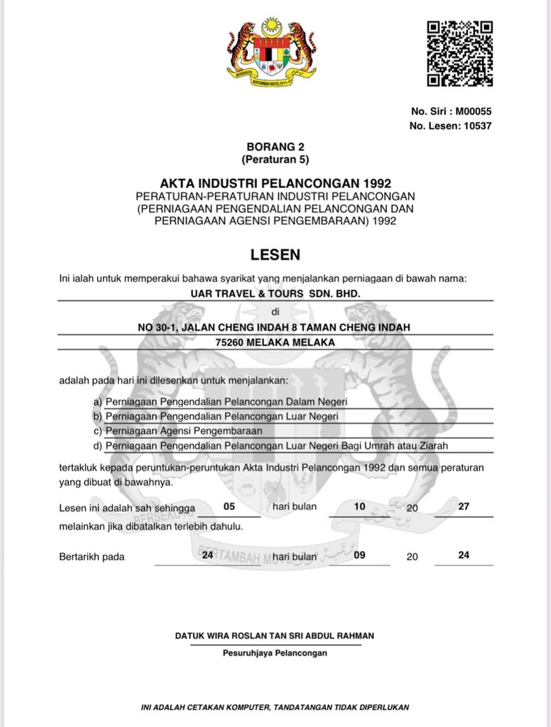 Lesen sah UAR Travel & Tours Sdn Bhd